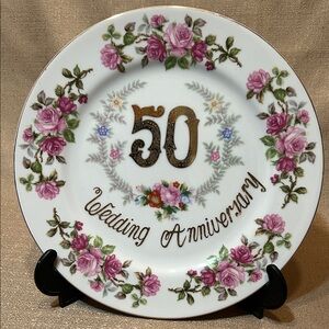 Vintage ARDCO 50th Anniversary Plate Pink Roses and Gold Details Made in Japan.